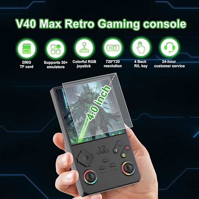 RegiisJoy 2025 New Upgraded V40 Max Handheld Game Console, 40000 Games 4 inch IPS Screen Retro Gaming Console, 256G 4000mAh Portable Mini Pocket Handheld Emulator Open Source Linux System