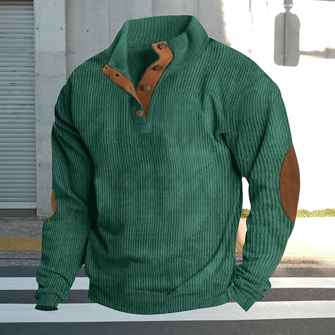 Men's Casual Corduroy Sweatshirt Long Sleeve Elbow Patches Pullover Fashion Stand Collar Quarter Button Sweatshirts