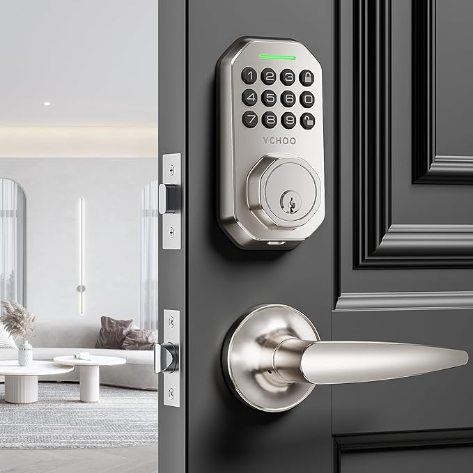 Keyless Entry Door Lock Set Smart Locks for Front Door Keypad Door Lock with Handle Auto Lock One Time Password Anti Peeping Password IP54, Satin Nickel
