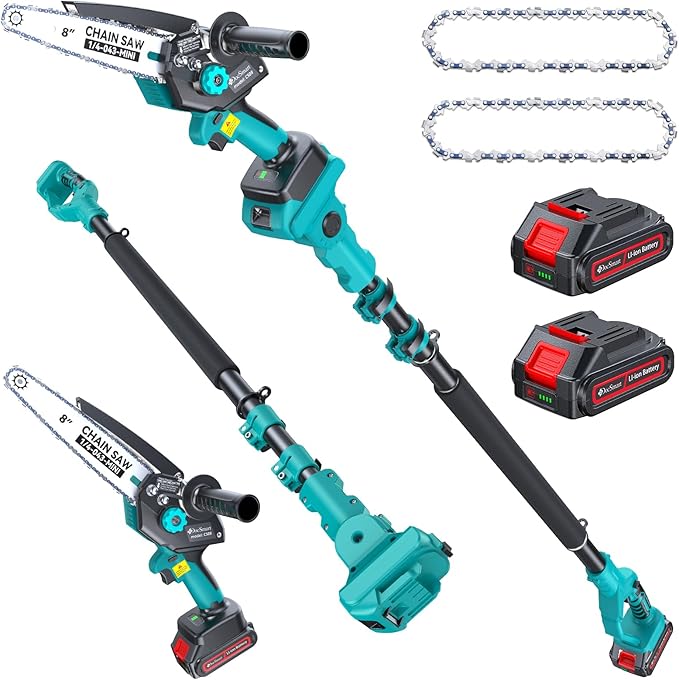 8" Electric Pole Saw for Tree Trimming,Brushless Mini Chainsaw Cordless with Extension Pole 2 Batteries, 2-in-1 Handheld & Pole Prunner for Cutting Tree Limbs Branches