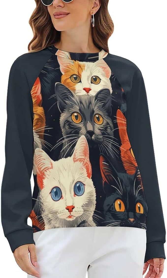 Long Sleeve Shirt Women Fall Cat Print Funny Hide Belly Vacation Plus Size Ladies Hippie Dressy Sweaters