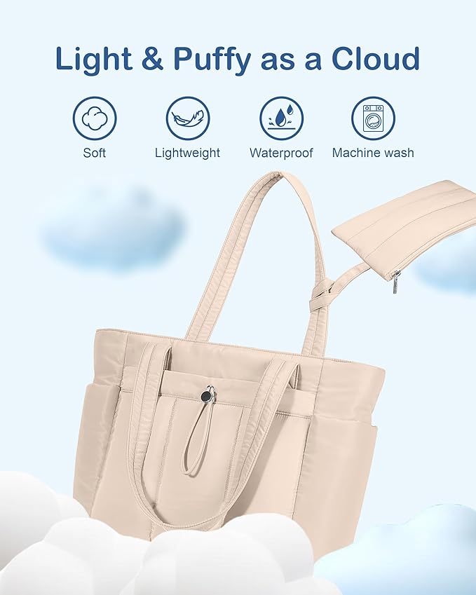 TOPDesign Puffy Tote Bag for Women with Cup Holder & Laptop Compartment & Cosmetic Bag & Trolley Sleeve for Work, Travel