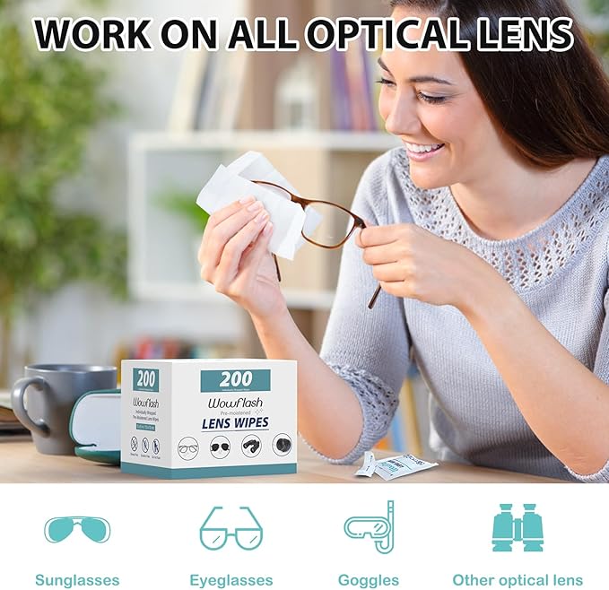 200 Count Lens Wipes for Eyeglasses, Eyeglass Lens Cleaning Wipes Pre-moistened Individually Wrapped Sracth-Free Streak-Free Eye Glasses Cleaner Wipes for Sunglass, Camera Lens, Goggles