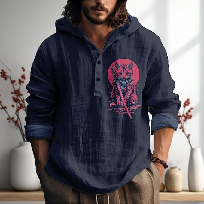 MARSVOVO Mens Japanese Art Long Sleeve Hooded Shirts Lightweight Quarter Button Hoodie Casual Cool Tops for Spring Fall