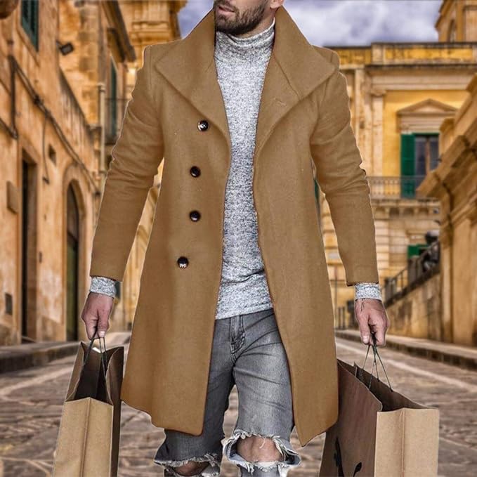 Men's Plaid Long Trench Coat Mid - Length Lapel Collar Button Down Warm Overcoat for Winter & Autumn Fashion