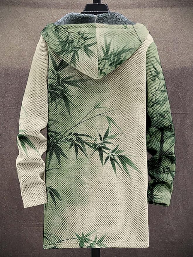 2025 Men's Ethnic Pattern Hooded Jacket Long Cardigan Hoodies Full Zip Vintage Knitted Zipper Coat with Pocket