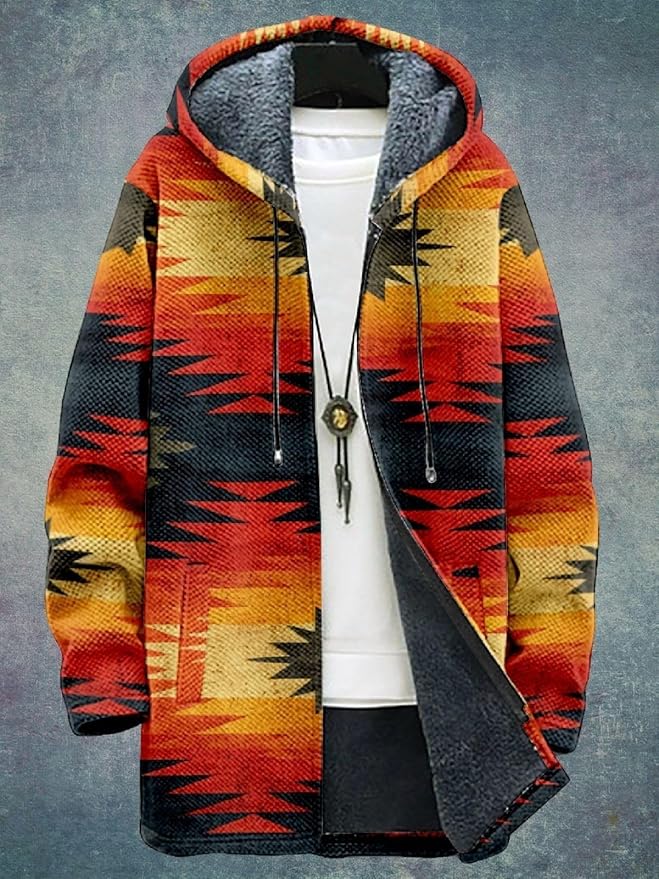 2025 Men's Ethnic Pattern Hooded Jacket Long Cardigan Hoodies Full Zip Vintage Knitted Zipper Coat with Pocket