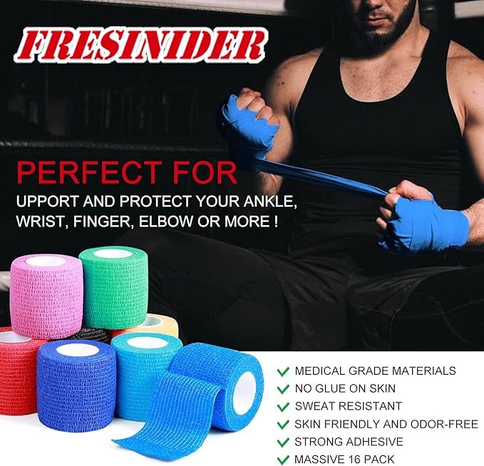 FRESINIDER 16 Rolls Self Adhesive Wrap Athletic Tape Gauze,Medical Bandage,Breathable Elastic Cohesive Bandage for Sports Injury & Pet (Rainbow)