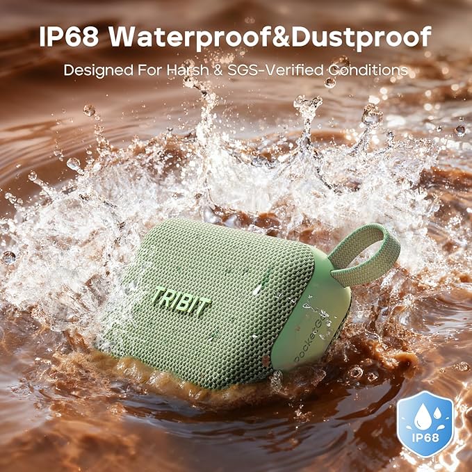 Tribit PocketGo Portable Bluetooth Speaker, 20H Playtime, IP68 Waterproof/Dustproof, Wireless, BT6.0, Shower, Powerful Sound, Custom EQ, TWS, Support TF Card, Floatable, Type-C, Travel/Outdoors (Blue)