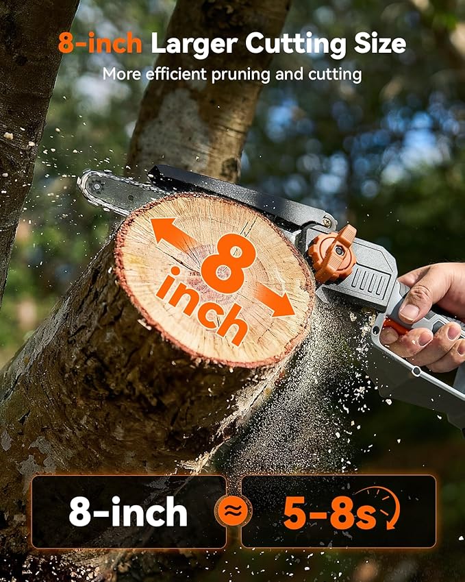 8-Inch Mini Chainsaw Cordless, Brushless Motor, 2×2000mAh Batteries, Lightweight Handheld Electric Chain Saw for Cutting Thick Branches, Tree Trimming, Wood Cutting, Easy to Use & Maintain