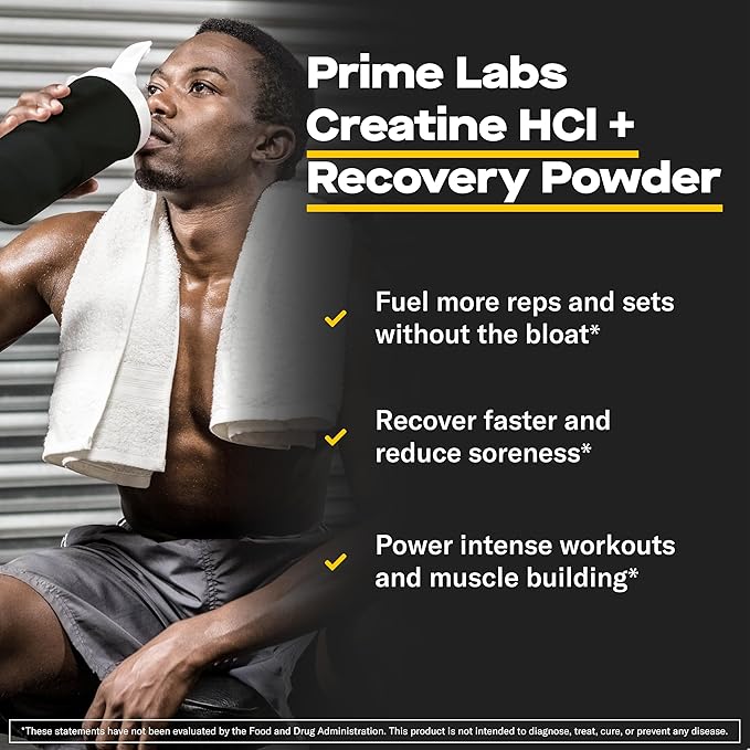 Prime Labs Creatine HCl Powder with Astaxanthin - Supports Muscle Recovery & Brain Health - Con-Cret Creatine HCl (7X More Concentrated Than Monohydrate) + AstaReal Astaxanthin 6mg - 60 Servings