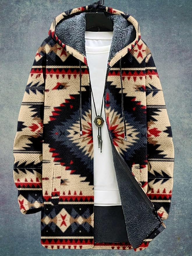 2025 Men's Ethnic Pattern Hooded Jacket Long Cardigan Hoodies Full Zip Vintage Knitted Zipper Coat with Pocket