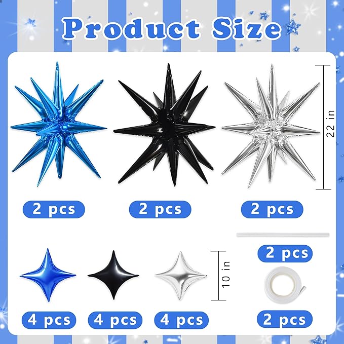 TONIFUL 22Inch 18Pcs Black Blue Silver Explosion Star Mylar Balloons and 10Inch Four Pointed Star Balloons Set for Christmas New Year Birthday Wedding Bridal Shower Anniversary Photo Booth Supplies