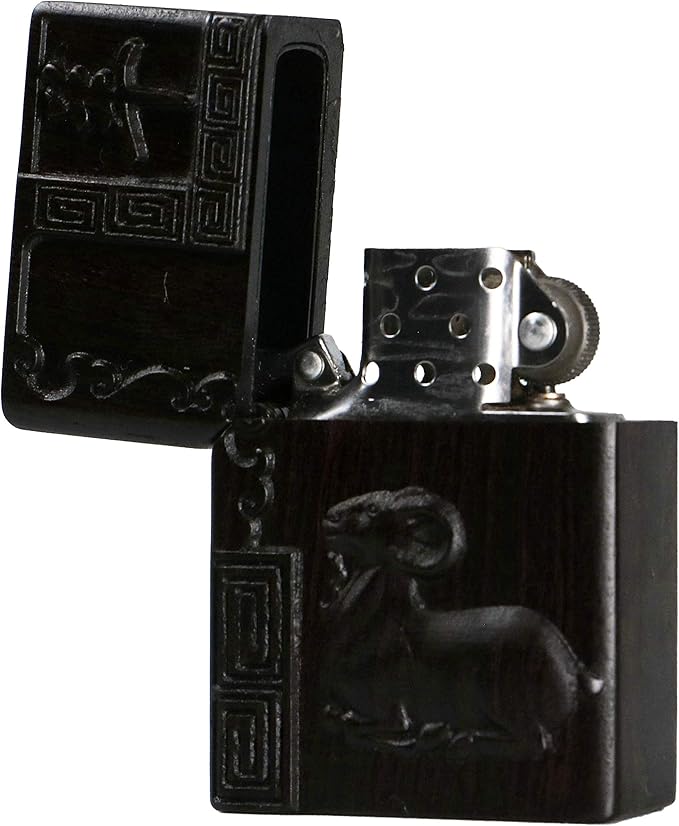 Natural Ebony Black Wood Carved Lighter Shell Box For Zippo Module (Zodiac Sheep)