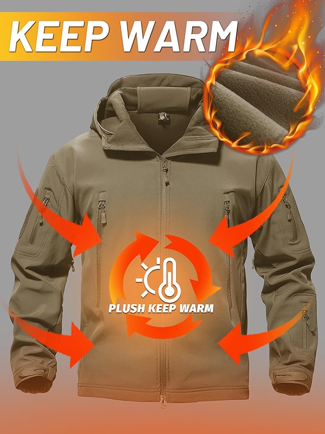 TACVASEN Men's Special Ops Military Tactical Soft Shell Winter Warm Fleece Lined Jacket Rain Hood Coat Hiking Snowboard