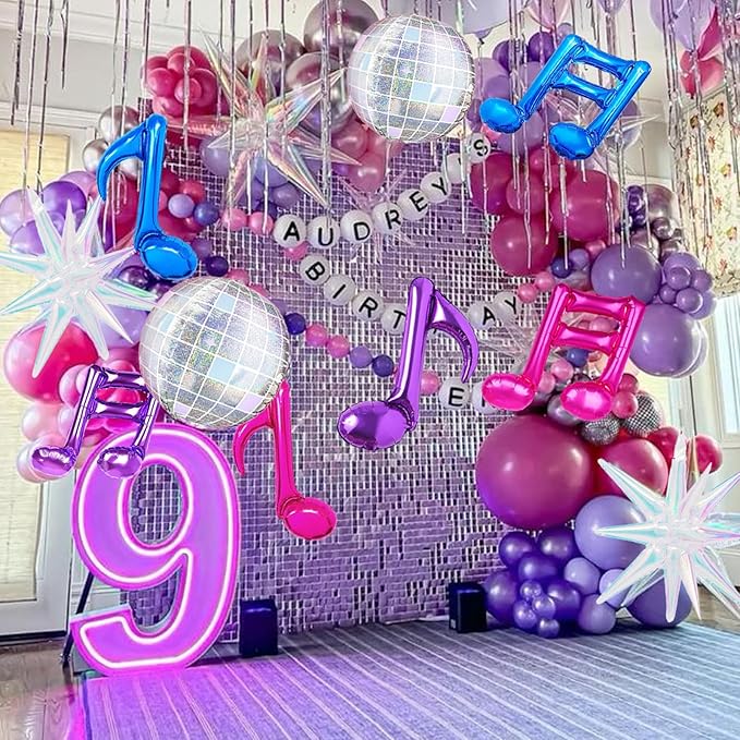 11 Pcs K-pop Music Balloons Kit Pink Purple Music Note, Disco Ball, Explosion Star Balloon for Singer Fans Party/Concert Karaoke/Kpop Birthday/Demon Korean Idol/Rock & Pop Theme Decor