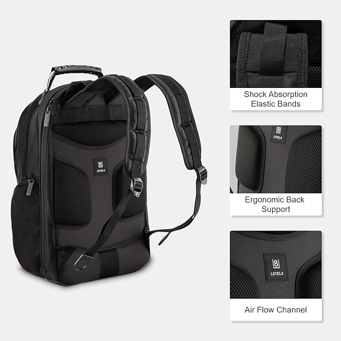 LEVEL8 Laptop Backpack, Work Backpack for Men Women, Travel Computer Bag for Business Fits 15.6" Laptop and Notebook - Black