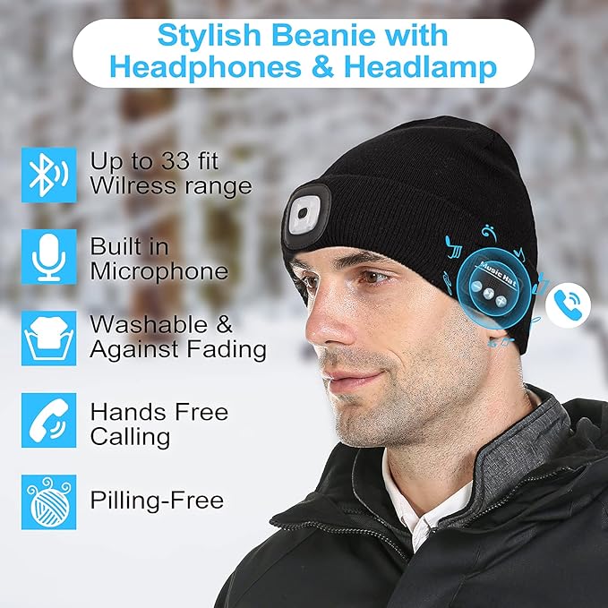 Bluetooth Beanie Hat with Light, Unisex LED Cap with Headphones Built-in Stereo Speakers & Mic, Tech Gift for Men Women Dad Navy Blue