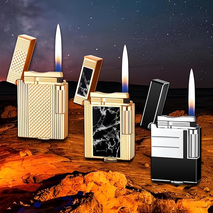 Classic Brushed Gas Lighters, Zinc Alloy Refilled Butane Lighter, Side Wheel Frosted Lighter, Adjustable Flame Flip Lighters, for Outdoor, Camping, Men's Gifts (Silver Black)