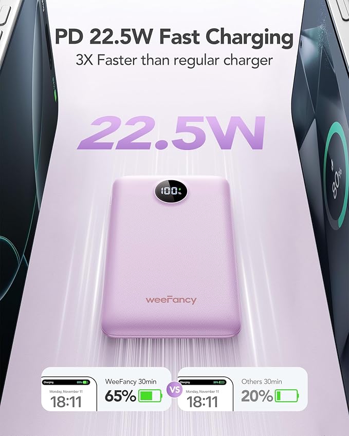 Mini Portable Charger with Built-in Cables 22.5W Fast Charging Power Bank USB-C Small Battery Pack 10000mAh Travel Essential Slim Battery for iPhone 17/16/15/14, Samsung 25/24, and More