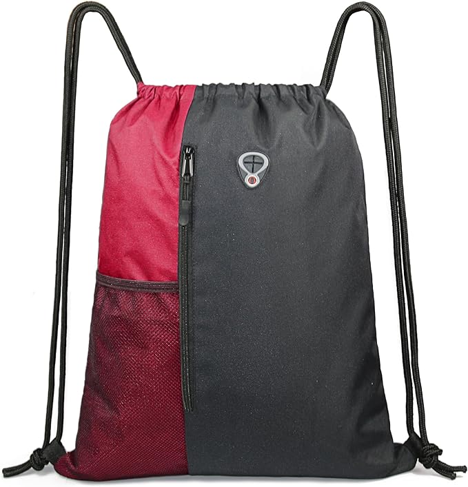 BeeGreen Bright Red Drawstring Backpack Gym Bag For Men & Women – Sports Sackpack with Mesh Water Bottle Holder & 2 Zippered Pockets – Large 16x20 Inch Cinch String Backpack