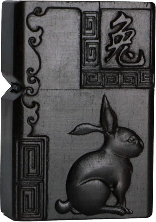 Natural Ebony Black Wood Carved Lighter Shell Box For Zippo Module (Zodiac Rabbit)