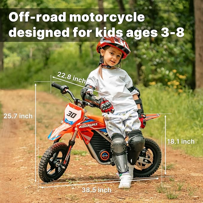 36V Racing Electric Dirt Bike for Kids, Peak 400W Powerful Motorcycle for Ages 3-6, Dual Shock Absorption, 3 Speed Modes with Safe Disc Brake, 12" Tires, Orange