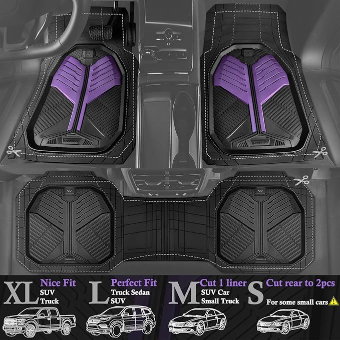 CAR PASS Heavy Duty Rubber Car Mats, Deep-Dish Car Floor Mats All Weather, Universal Two-Tone Trim-to-Fit for SUVs Trucks Sedans, Waterproof Anti-Slip, 3 Pieces V12 Black and Metallic Purple