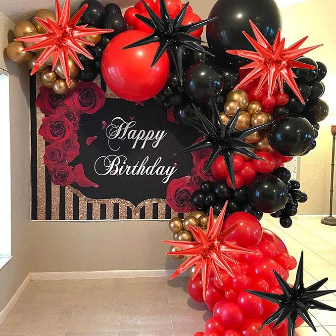 6PCS Black Red Star Balloons, 22Inch Large Star Balloon Explosion Foil Balloons Cone Spike Balloon for Birthday Graduation Festival Film Casino New Year Party Decorations