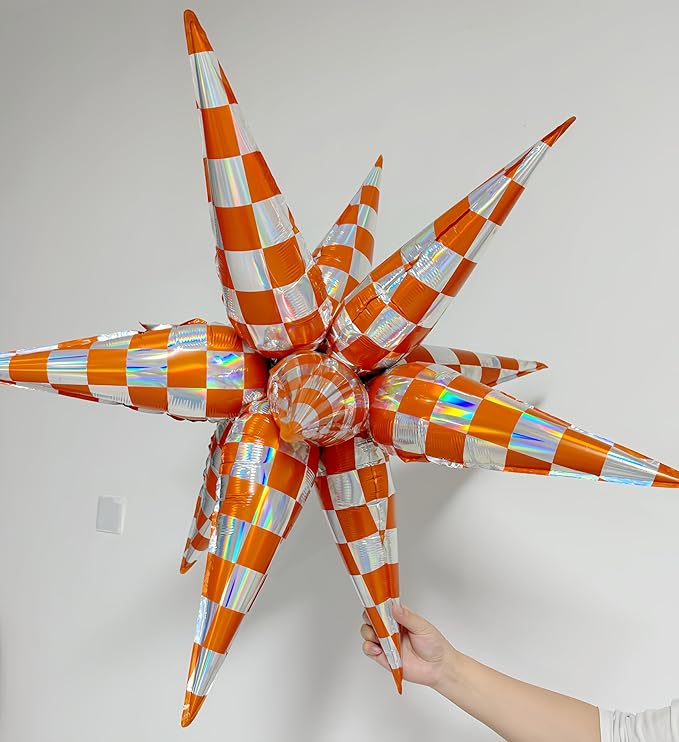 2*12Pcs Orange Silver Holographic Explosion Pointed Star Foil Balloons/The Life of A Showgirl Party/Orang Foil Balloon for Tay*lor Sunset Coastal Birthday, Glam Showgirl Era Party (2Pcs Orange Laser)