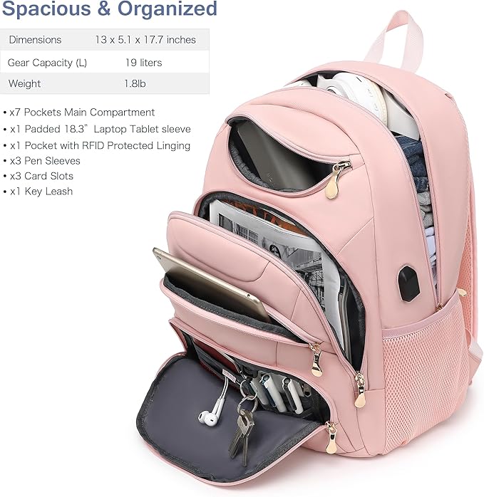 Boavan Laptop Backpack for women, 15.6 inch Laptop Bag with USB Port, Waterproof Travel Work Backpack Purse, Anti-Theft Teacher Nurse Doctor Casual Bookbags Office Business backpack，Pink