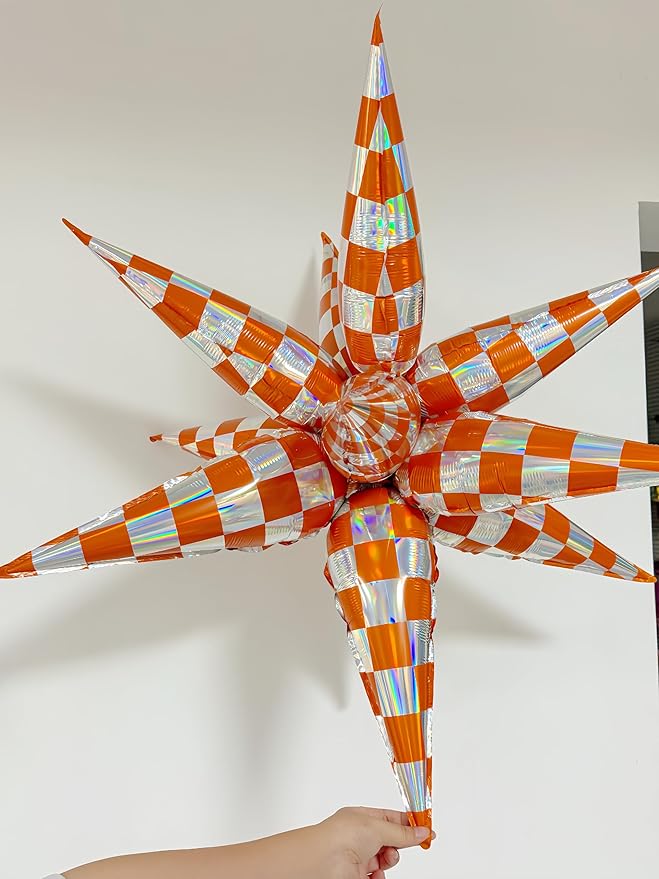2*12Pcs Orange Silver Holographic Explosion Pointed Star Foil Balloons/The Life of A Showgirl Party/Orang Foil Balloon for Tay*lor Sunset Coastal Birthday, Glam Showgirl Era Party (2Pcs Orange Laser)