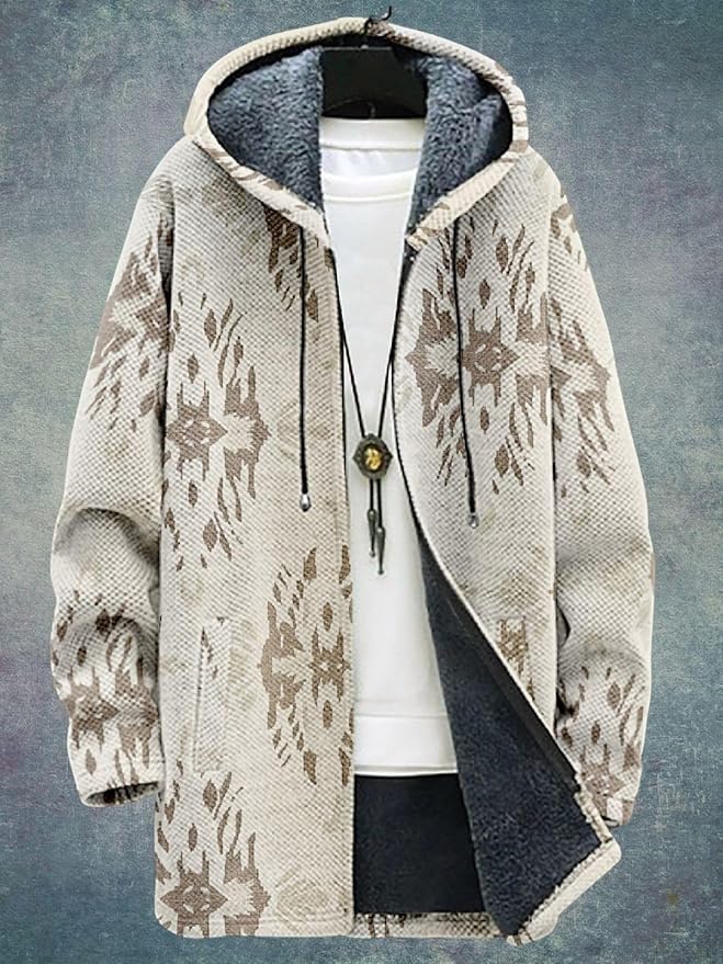 2025 Men's Ethnic Pattern Hooded Jacket Long Cardigan Hoodies Full Zip Vintage Knitted Zipper Coat with Pocket