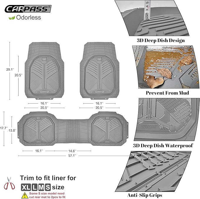 CAR PASS Heavy Duty Rubber Car Mats, Deepdish All Weather Floor Mats for Car Full Set, Universal Automotive Mats Trim to Fit for Sedans SUVs Trucks, Waterproof Anti-Slip Deep Tray 3 Pieces Light Gray