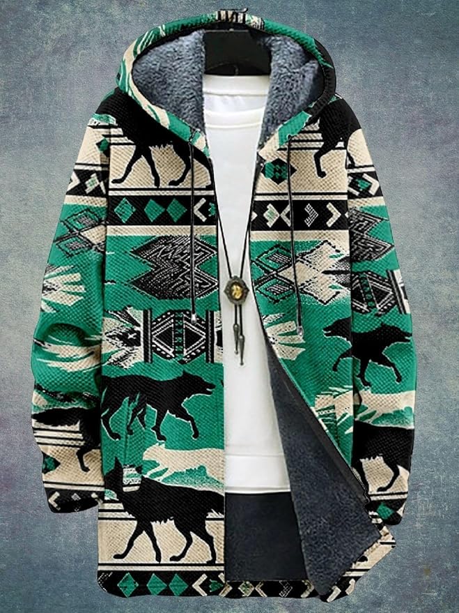 2025 Men's Ethnic Pattern Hooded Jacket Long Cardigan Hoodies Full Zip Vintage Knitted Zipper Coat with Pocket