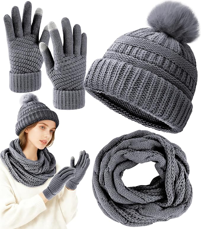 Winter Hat Scarf Gloves Set for Women, Warm Knit Beanie, Touch Screen Gloves and Soft Neck Warmer