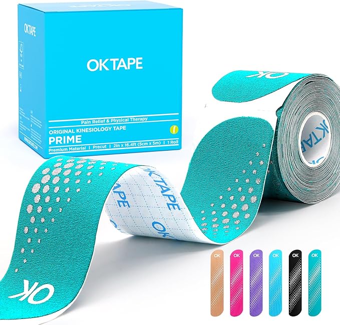 OK TAPE Synthetic Kinesiology Tape Precut Strips, Waterproof Kinesiology Athletic Tape for Joint & Muscle Support, Reflective and Durable Tape, 2in×16.4ft Roll 20PCS | Blue and Green