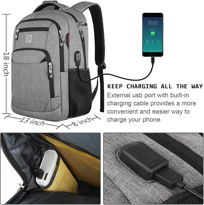 Laptop Backpack,Business Travel Anti Theft Slim Durable Laptops Backpack with USB Charging Port,Water Resistant College Computer Bag for Women & Men Fits 15.6 Inch Laptop and Notebook - Grey
