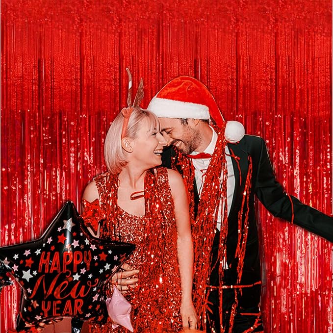 5 Pack Red Streamers Party Backdrop Christmas Decorations Foil Fringe Backdrop Curtains Carnival Casino Theme Birthday New Year Holiday Celebration Bachelorette Party Decorations Supplies