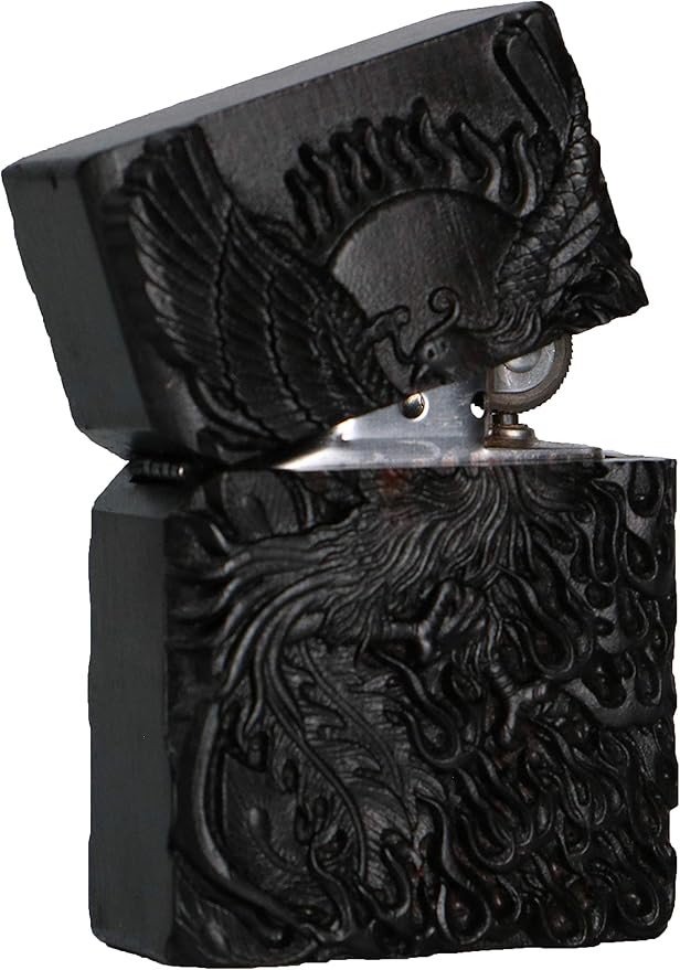 Natural Ebony Black Wood Carved Lighter Shell Box for Zippo Module (Phoenix Nirvana)