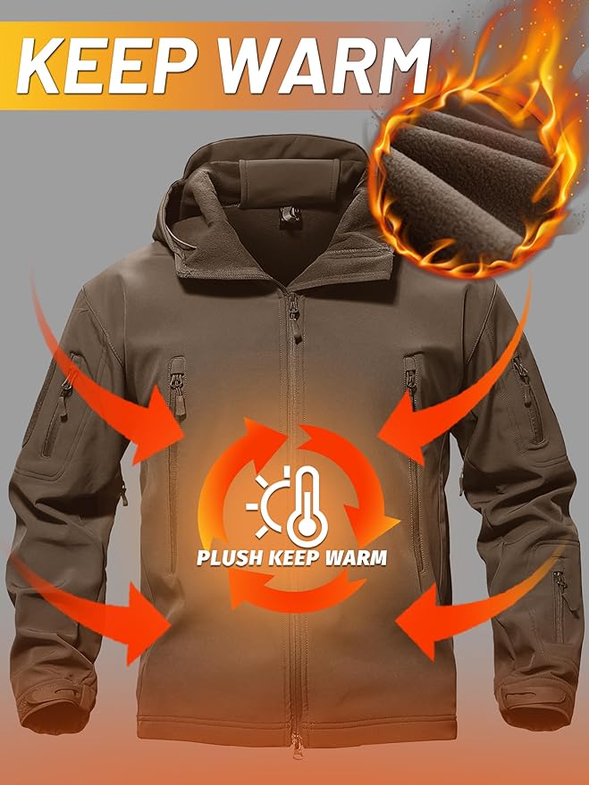 TACVASEN Men's Special Ops Military Tactical Soft Shell Winter Warm Fleece Lined Jacket Rain Hood Coat Hiking Snowboard