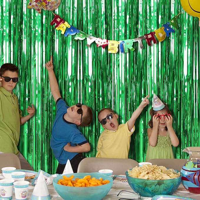 2 Pack Green Streamers Backdrop Jungle Party Decorations Foil Fringe Backdrop Curtains Photo Booth Backdrop for Birthday Dinosaur Animal St Patrick's Day Football Christmas Party Decorations