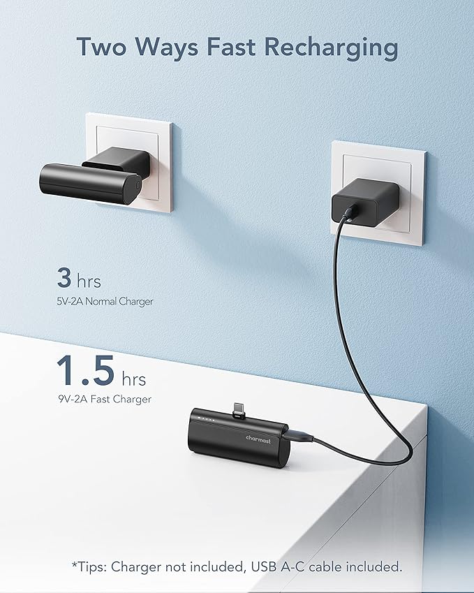 charmast Portable Charger USB C for iPhone 17/16/15, 5000mAh Fast Charging Battery Pack with Built-in Type-C Connector, 20W Mini Power Bank for iPhone 17/16/15 Series, Samsung S22/23 Series, and More