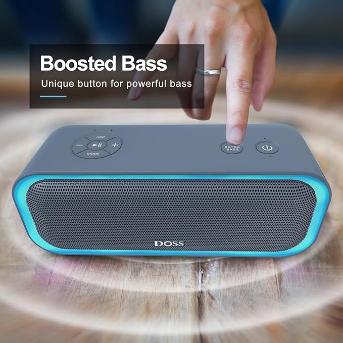 DOSS SoundBox Pro Bluetooth Speaker, 20W Stereo Sound, Active Extra Bass, 20H Playtime, Multi-Colors Lights, Wireless Stereo Pairing, IPX6 Waterproof for Garden, Hiking, Camping, Party-Stone Blue