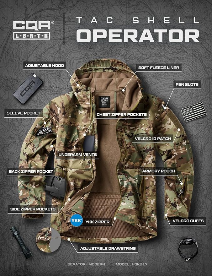 CQR Men's Tactical Softshell Jacket, Winter Warm Fleece Lined Coat, Water Resistant Outdoor Hunting Hiking Rain Windbreaker