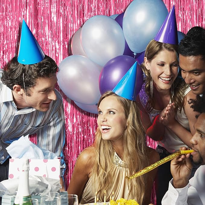 BOMSI 5 Pack Pink Tinsel Curtain Party Backdrop Foil Fringe Birthday Photo Booth Streamer Backdrop Theme Decorations