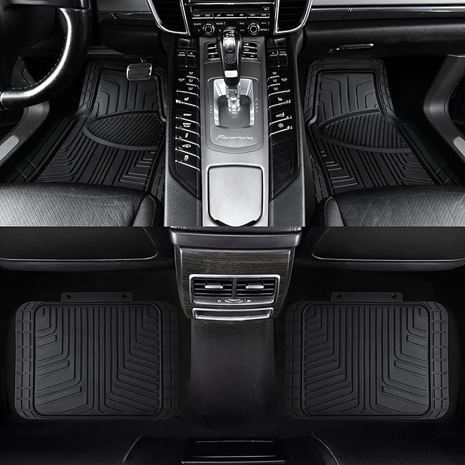 Amazon Basics 4-Piece Premium Rubber Floor Mat for Cars, SUVs and Trucks, All Weather Protection, Universal Trim to Fit, Black