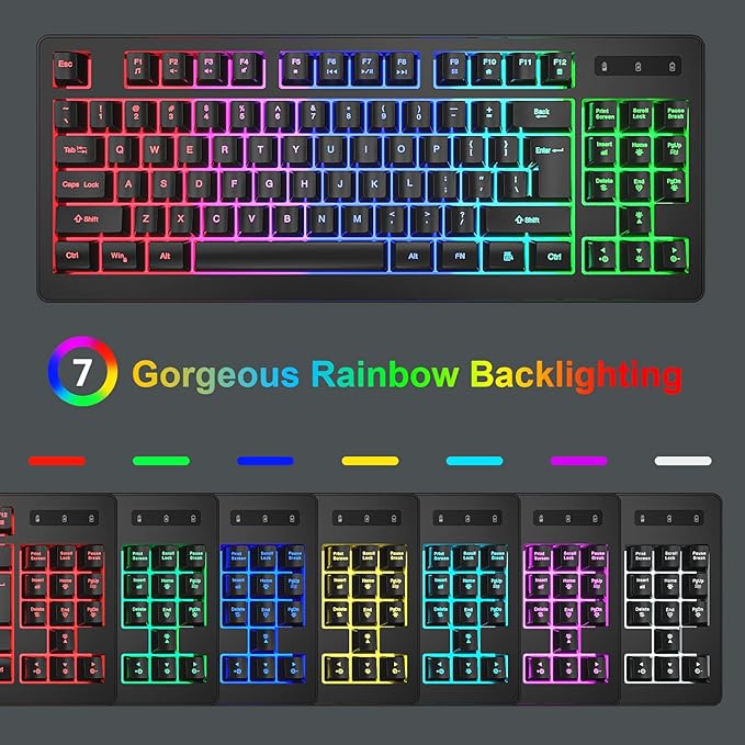 BlueFinger Wireless Keyboard and Mouse Combo, Long Lasting Rechargeable Battery 87 Keys RGB Rainbow Backlit Gaming Keyboard & Ergonomic Light Up Gaming Mouse for Mac Laptop Computer PC Gamer