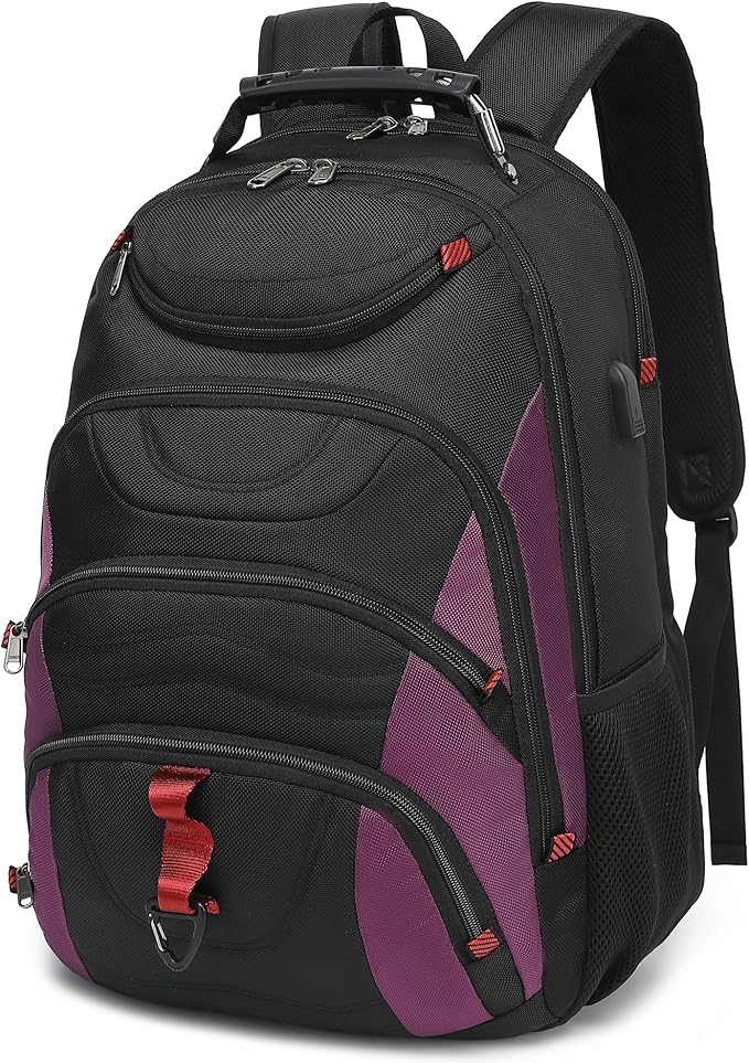 Boavan Laptop Backpack for men, 17.3 inch Laptop Bag with USB Port, Waterproof Travel Work Backpack Purse, Anti-Theft Teacher Nurse Doctor Casual Bookbags Office Business backpack，Black& Purple