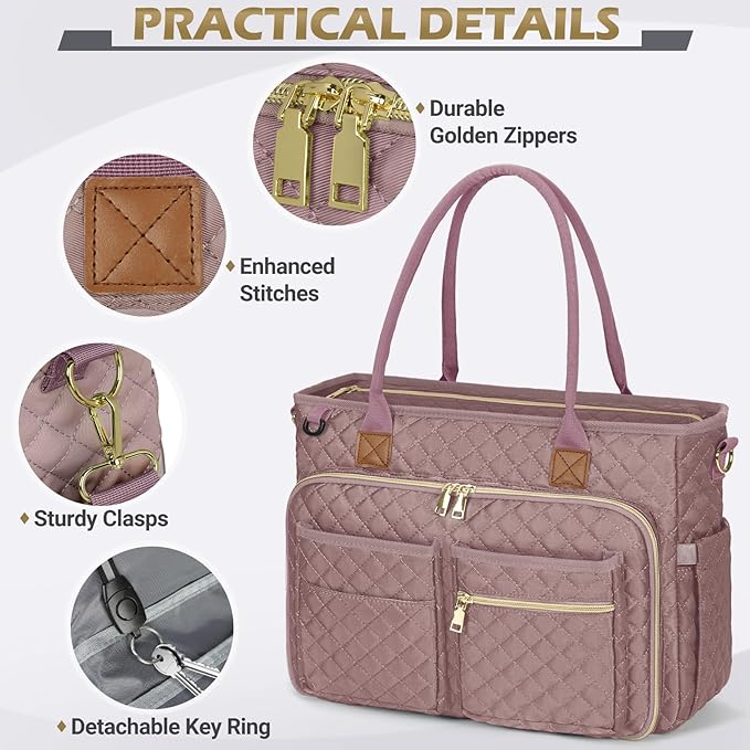 RAINSMORE Teacher Tote Bag 15.6 inch Laptop Bag for Women Work Bags Laptop Tote Nurse Bag Professional Computer Messenger with Insulated Pocket, Laptop Briefcase for Office, College, Dusty Pink